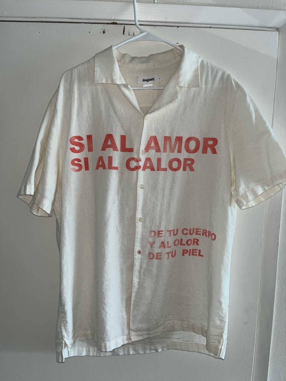 Desigual Cream Short-Sleeve Button-Down Shirt with Red Graphic Text